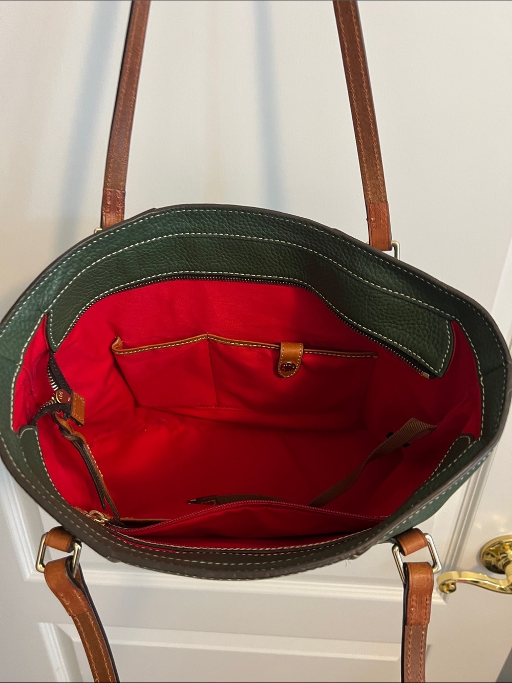 Dooney & Bourke Dark Green Pebble Leather Tote with Brown Trim - Picture 4 of 4